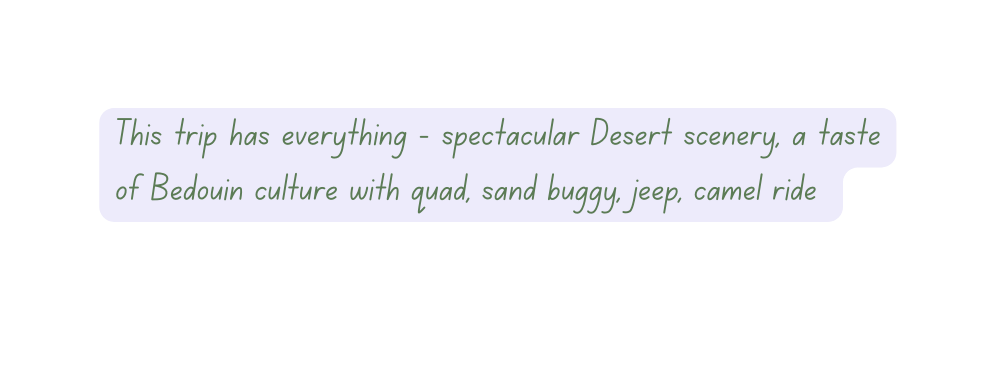 This trip has everything spectacular Desert scenery a taste of Bedouin culture with quad sand buggy jeep camel ride