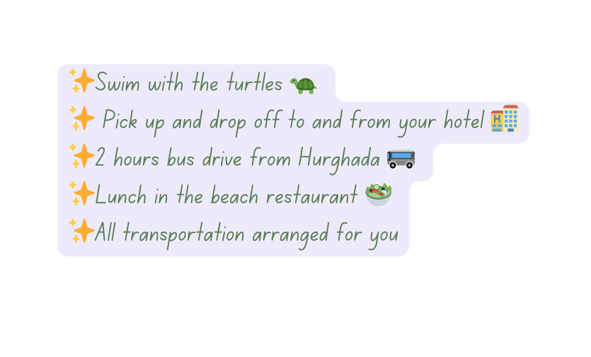 Swim with the turtles Pick up and drop off to and from your hotel 2 hours bus drive from Hurghada Lunch in the beach restaurant All transportation arranged for you